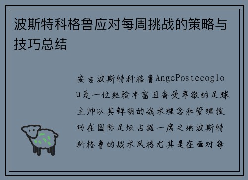 波斯特科格鲁应对每周挑战的策略与技巧总结