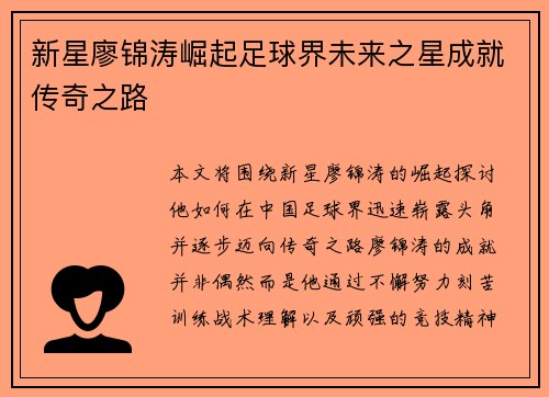 新星廖锦涛崛起足球界未来之星成就传奇之路